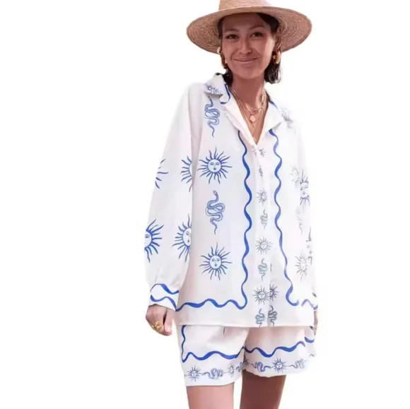 New Fashion Women'sSet Printed linen Casual versatile shirt cardigan shortstwo